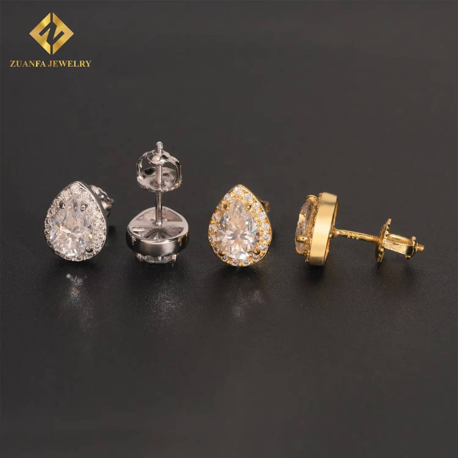 Factory Wholesale Pear Cut Halo Stud Earrings 925 Sterling Silver VVS Moissanite White Gold Plated Screw Back Ear Studs