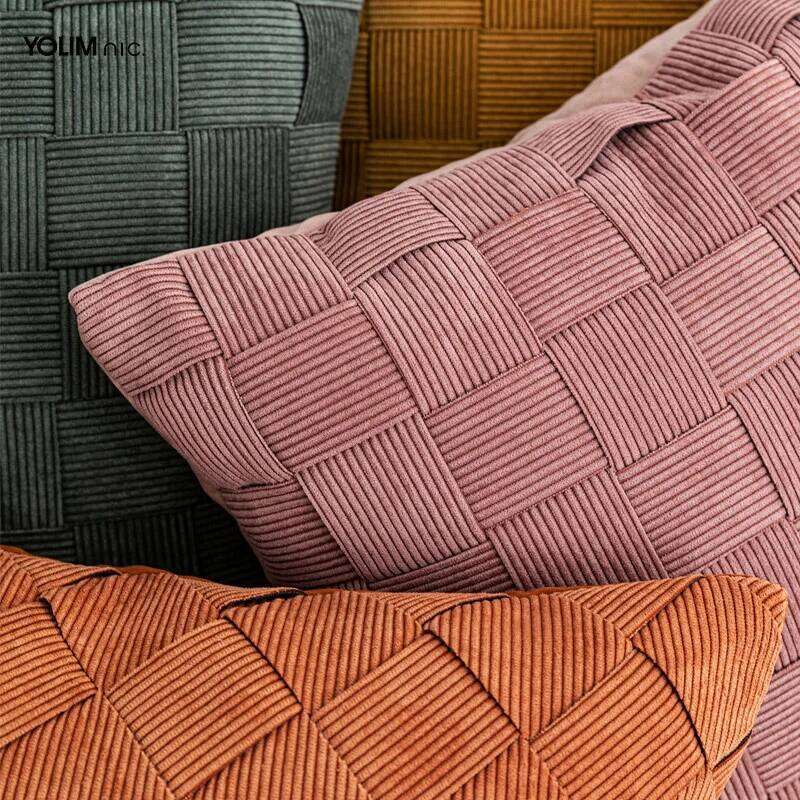 Nordic Plaid Woven Cover Corduroy Oblique Line Hand-woven Pillowcase Pink Green Light Luxury Sofa Decor Cushion Covers