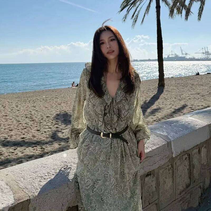 Dresses 2025 New Spring Chiffon Print V-neck Chic Slim Long Fashion Elegant Holiday Street Women's Dress XJ260130