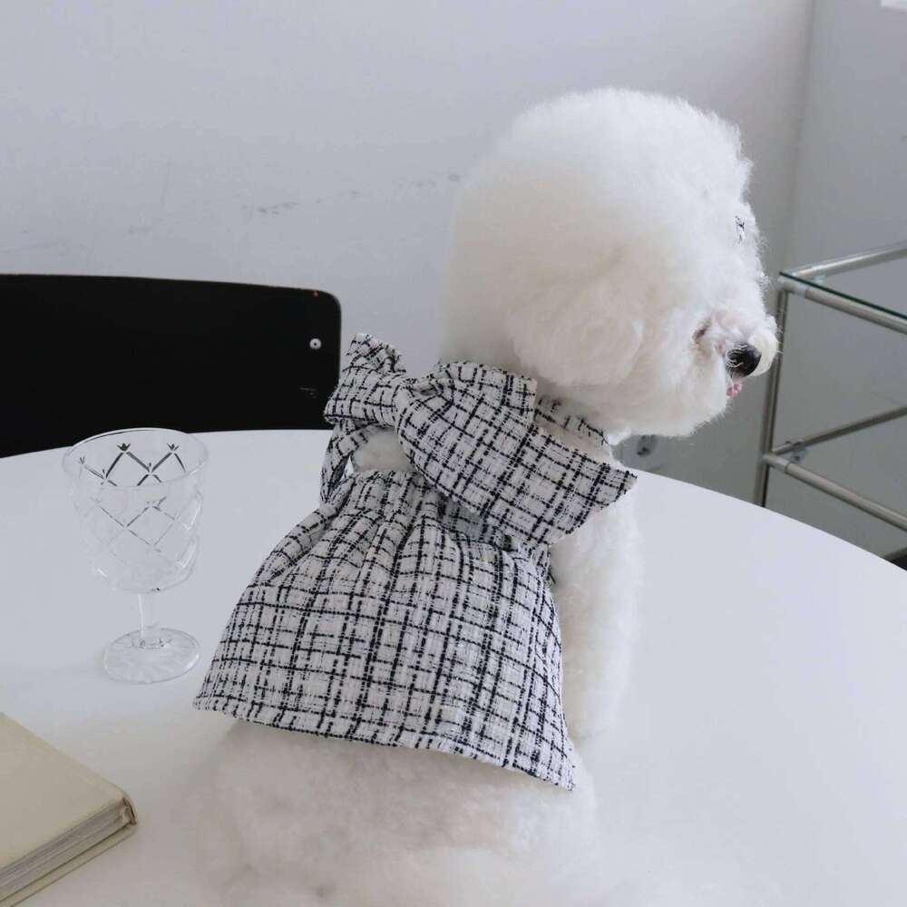 INS Winter Fashion Black and White Chunky Braided Bow Halter Dress Cat Party Outfit Dog Dresses Give Hair Clips H260130