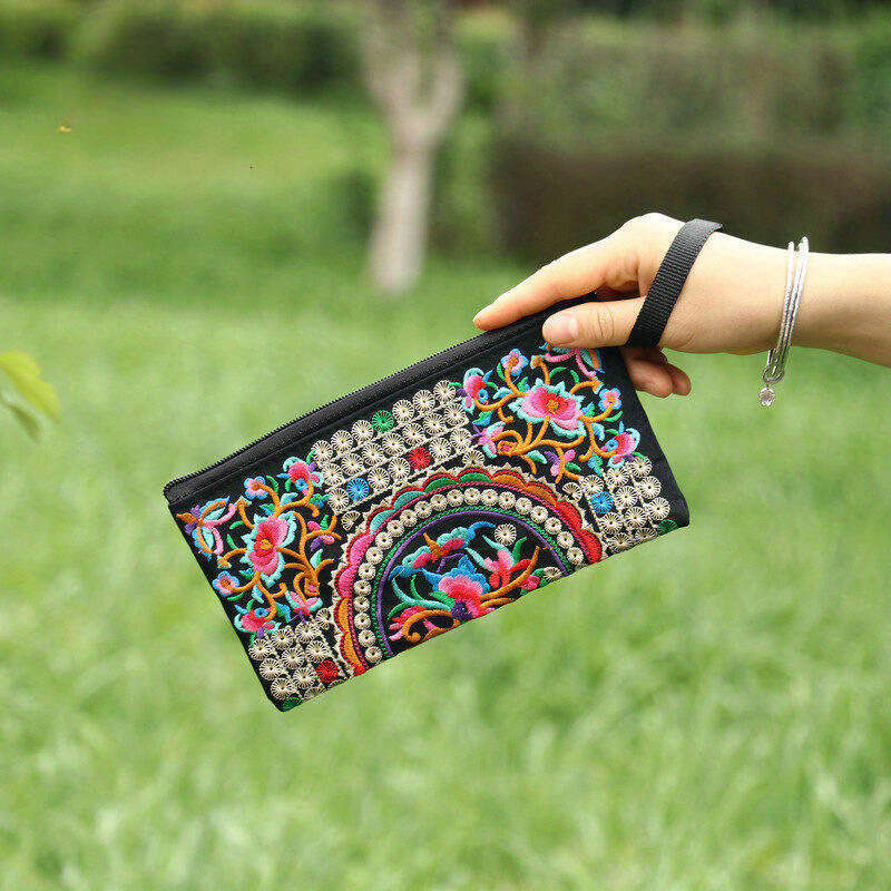 Ethnic Style Bag Embroidered Clutch Mini Phone Coin Purse Women's Long Wallet Individually Packaged