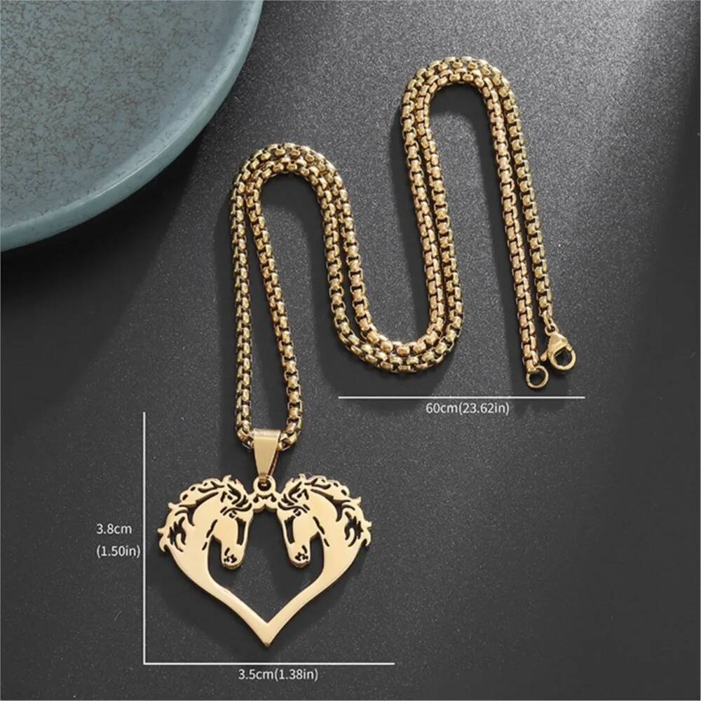Hiphop Hollowed Out Horses Pendant Necklace For Men Women Rock Punk Gold Color Stainless Steel Box Neck Chain Jewelry Gifts