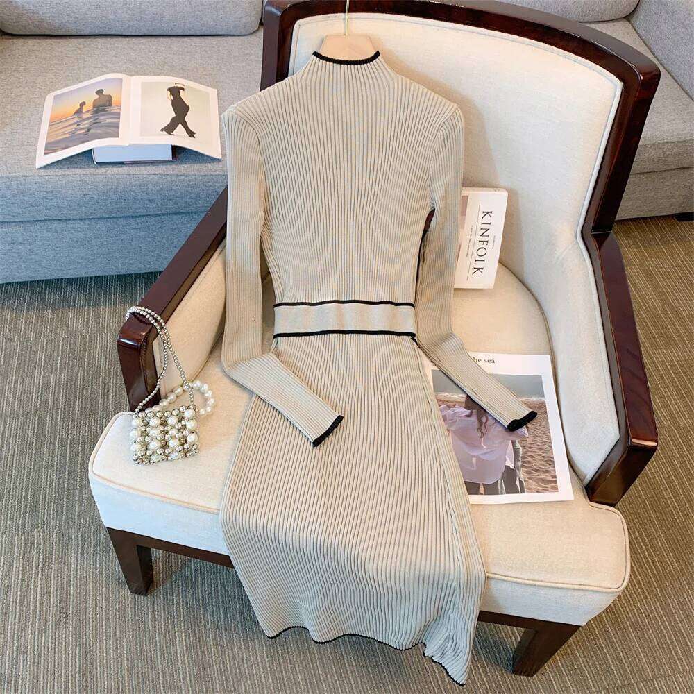 YuooMuoo Brand Fashion Lace-up Knitted Women 2025 Autumn Winter Elegant Bodycon Long Sweater Dress Office Lady Vestidos XJ260130