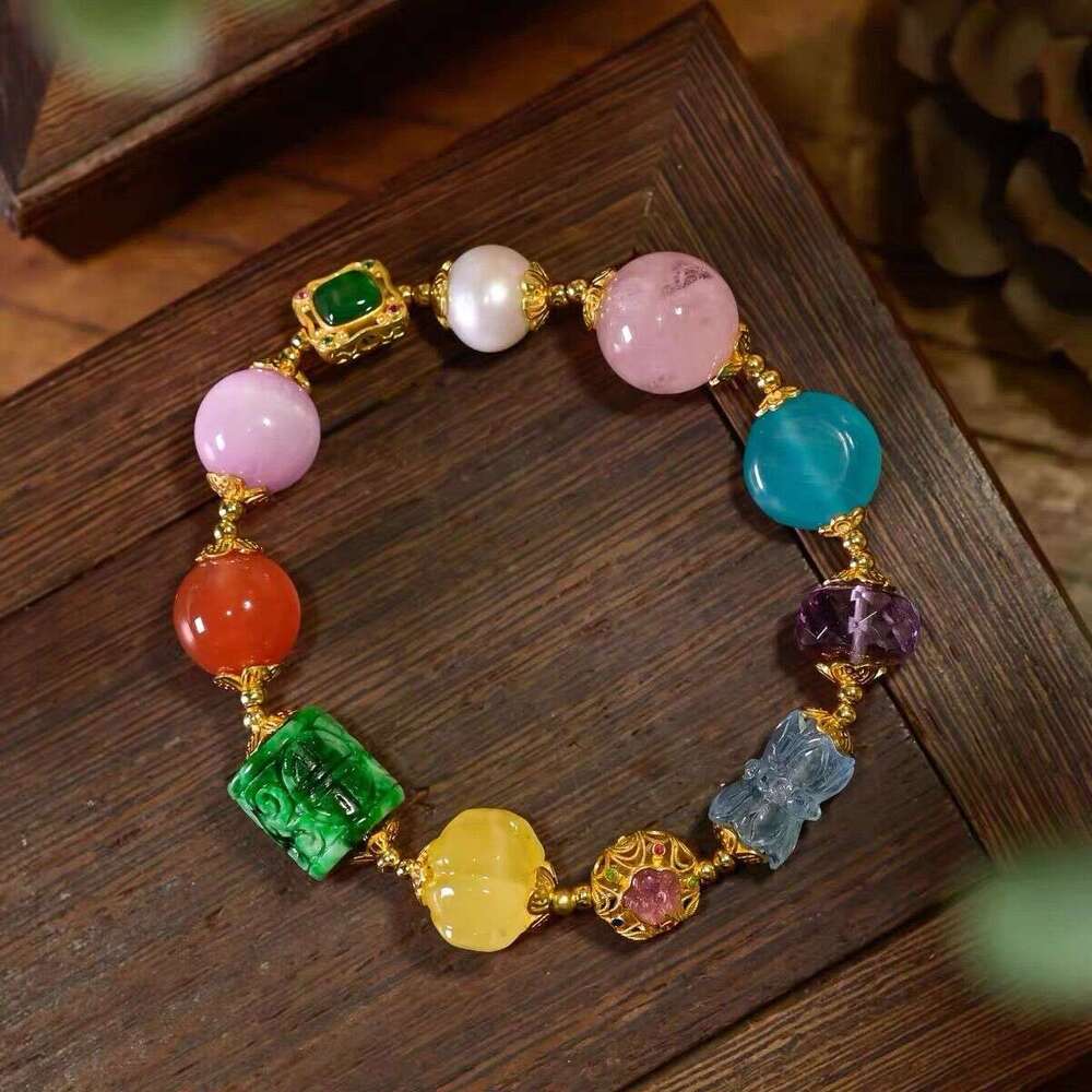 New Chinese Multi-Gemstone Handheld Jade String Natural South Red Aquamarine Sugar Cube Wealth Attraction Fortune Transfer Tang Style Original Design