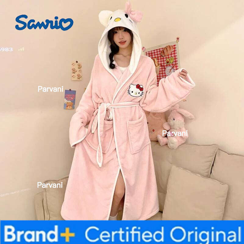 Sanrio Anime Cinnamoroll Kuromi Woman Thicke Pajamas Mid-Length Nightgown Flange Plush Bathrobe Absorbing Quick-Drying Homewear Yukata H260130