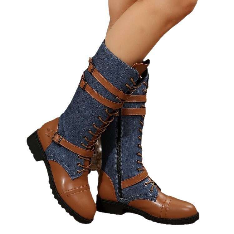 Large Size Belt Buckle Long Tube Riding for Women, New Autumn Round Toe Chunky Heel Lace-up Leather Boots