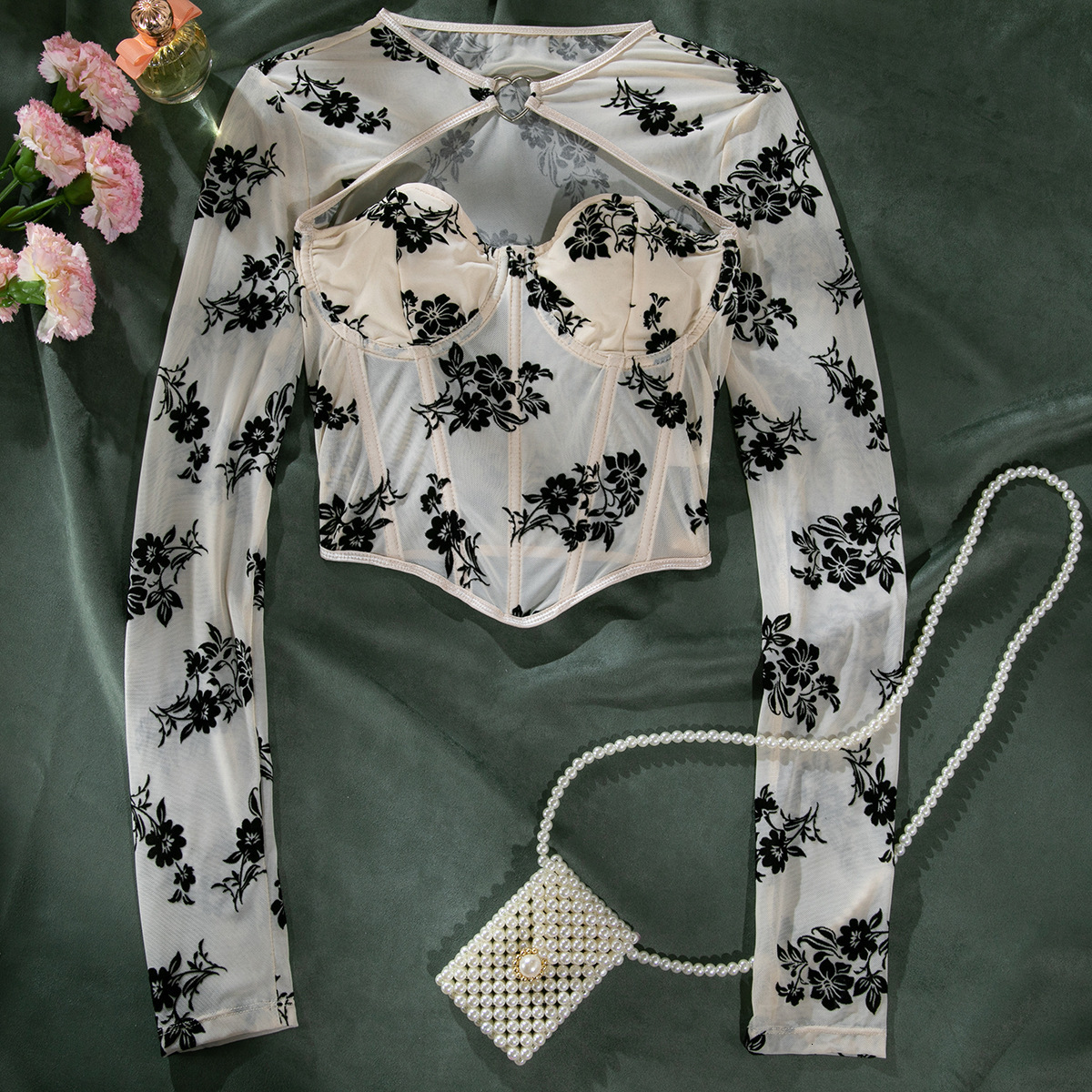 Luxury Brand Designer Clothes Hot-Selling Sexy Low-Cut Long-Sleeve Heart Decoration Fishbone Underwire European And American Style Slim-Fit Top For Ou