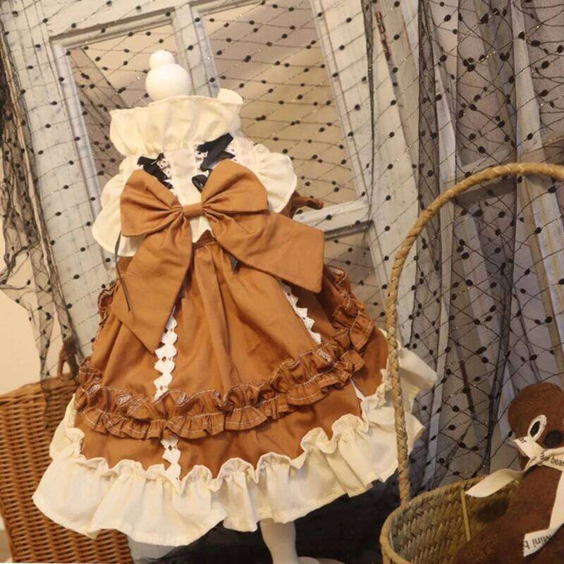 Retro Khaki Lolita Pet Clothes Autumn New Pure Cotton Handmade Simple Princess Dress For Small Medium Dog Puppy H260130