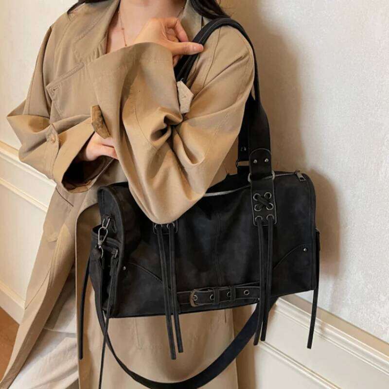 Branded Retro Motorcycle Handbag Stylish High-end Tassel Soft Large Capacity Buckle Shoulder Niche Underarm Bag Z260130