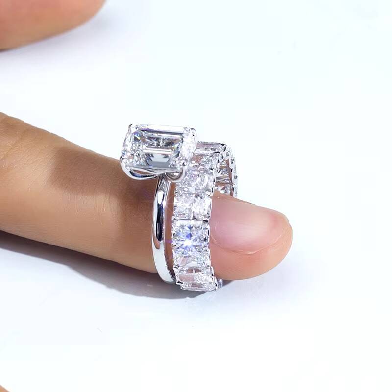 MSR-1519 18k White Gold Jewelry Engagement Rings Emerald Cut Lab Grown Diamond Stackable Rings