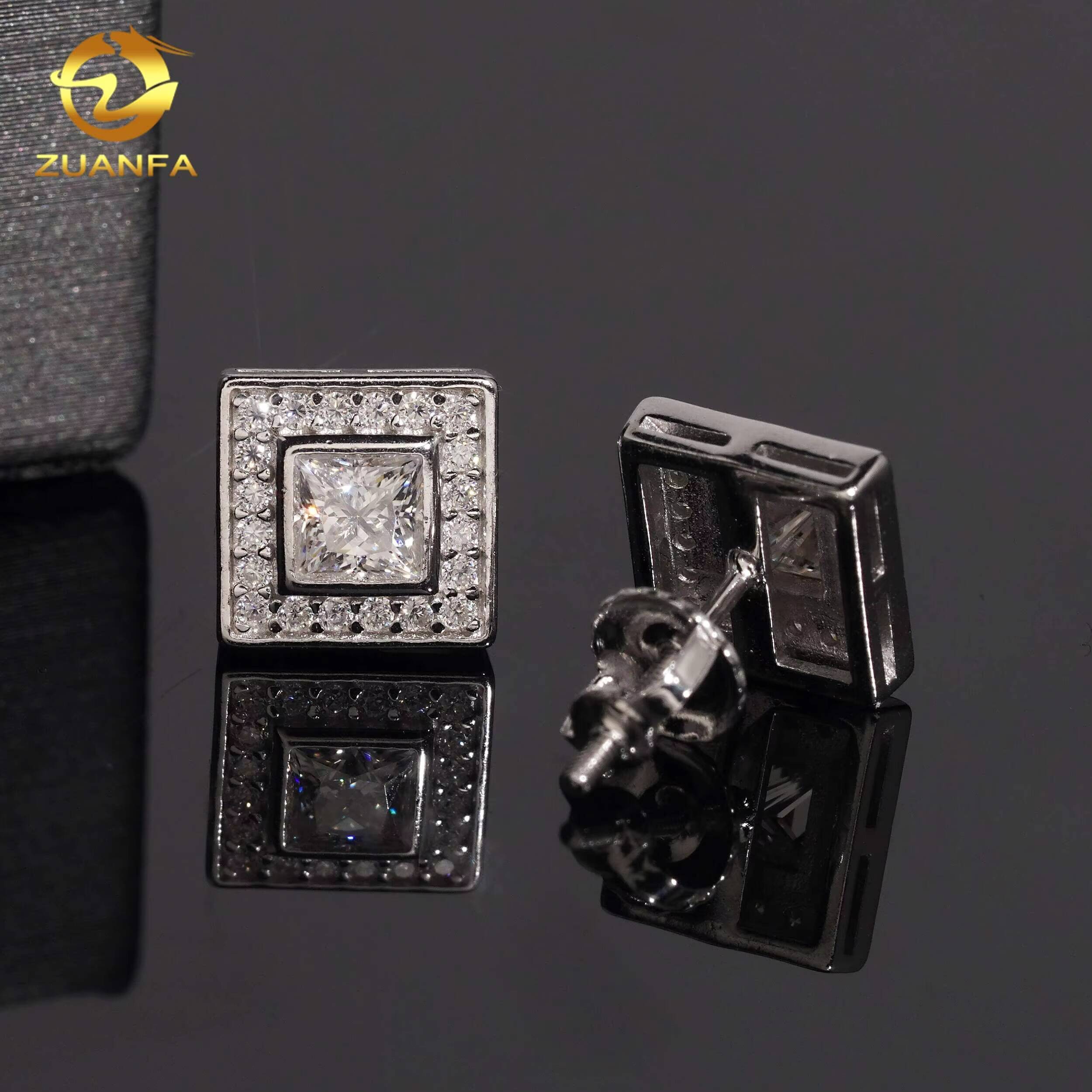 Hip Hop Jewelry Square Iced Out Halo Moissanite Earrings Screw Back Stud Earrings 925 Silver Hip Hop Earrings Ready to Ship