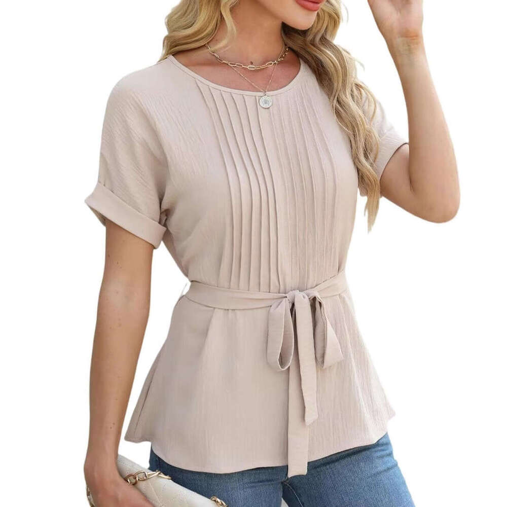 Spring Summer New Casual Shirt With Ruffled Pleats Round Neck Short Sleeve Top Fashion Women LEEGO LENS