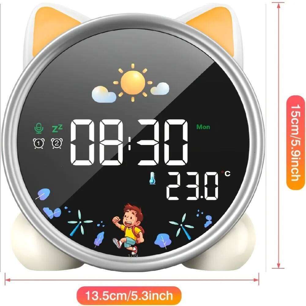 Kids Alarm Clock Ready Rise Children's Sleep Trainer Night Light Sound Machine Cute Cat Design Fun to Wake for Toddlers Gift W260130