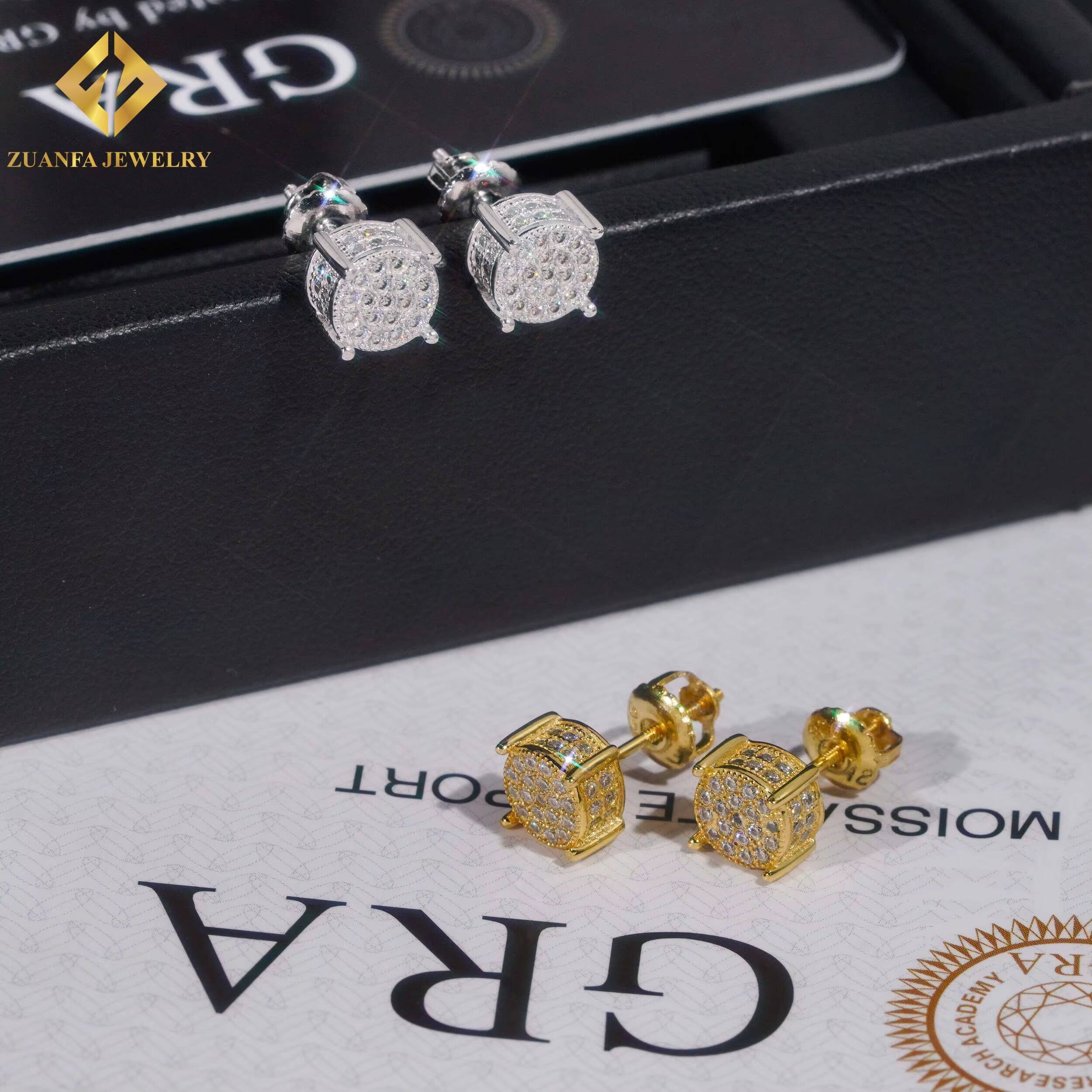 New Design Ready Stock Ear Studs Jewelry 925 Sterling Silver VVS Moissanite 66mm Hip Hop Gold Plated Earring Jewelry Unisex