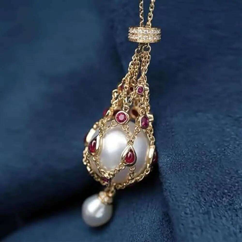 Women Exquisite Gemstone Lavalier Elegant Pendant Necklaces Natural Pearl Metal Braided Mesh Necklace