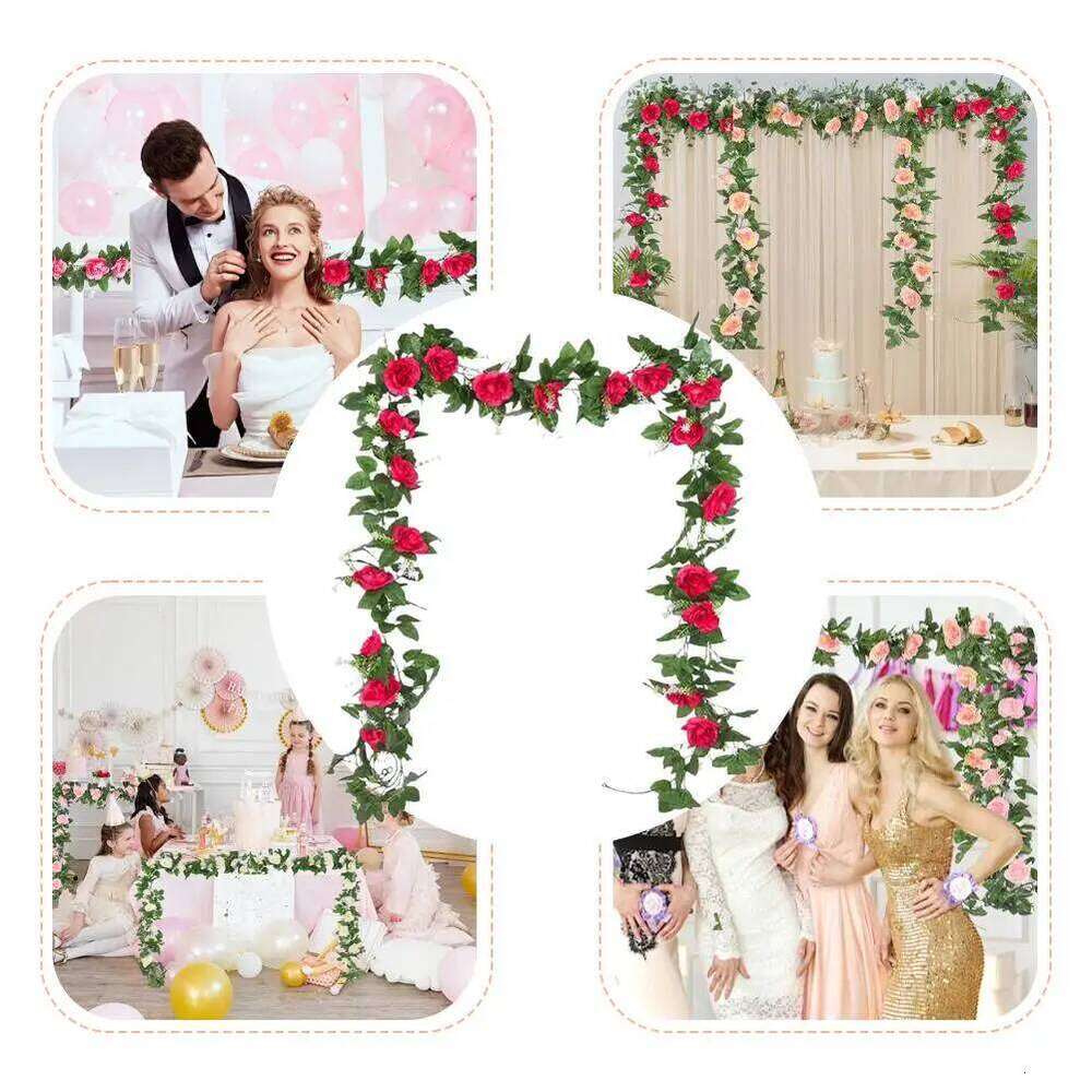 2.2M Artificial Rose Vine with Blooms White pink Faux Floral Hanging Decor for Wedding Indoor Durable Plastic Plant Y260130