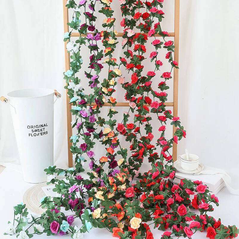45 Head Artificial Rose Plastic Fake Green Leafy Plant Vines Wedding Home Decoration Flower Y260130