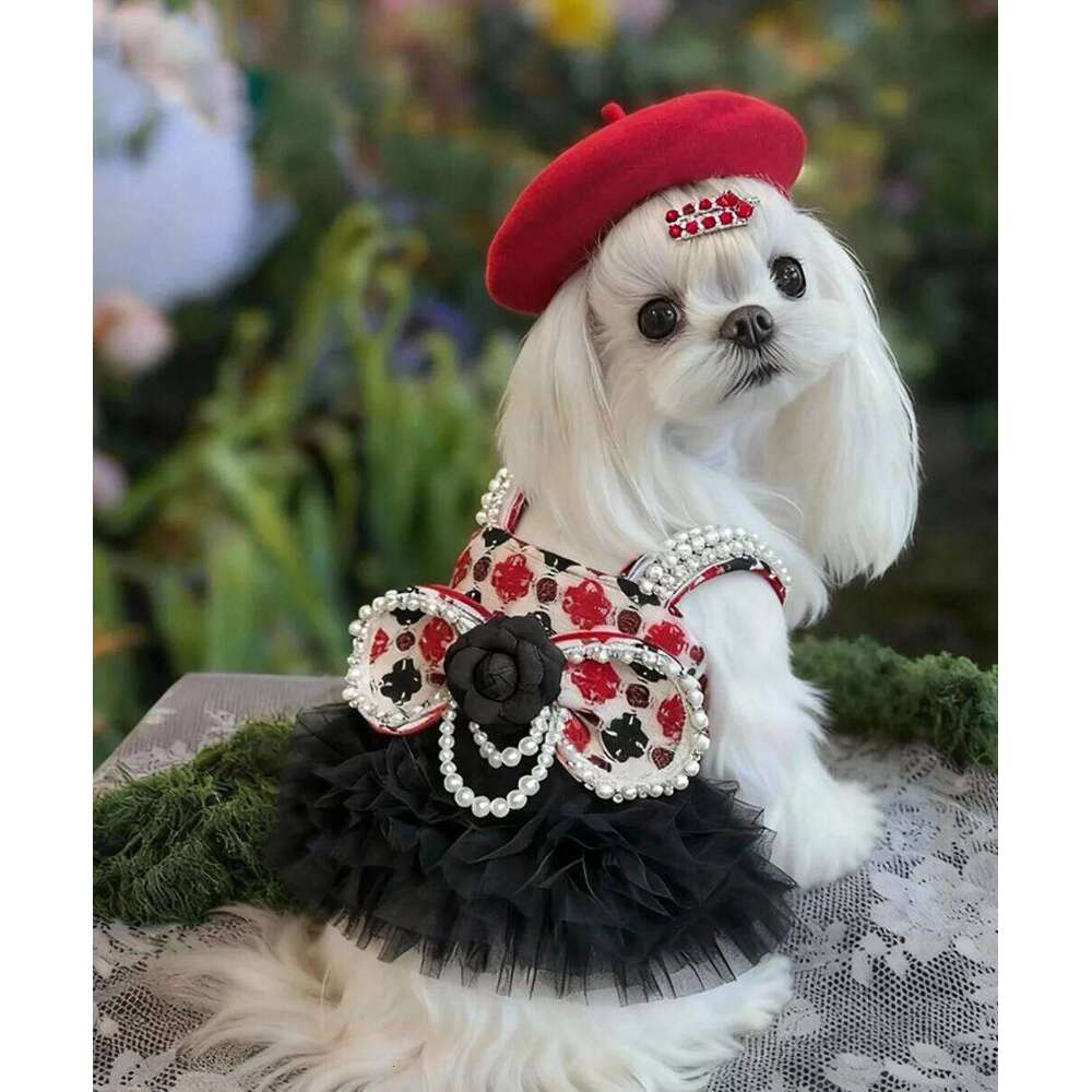 Gentry Girl-Style Pearl Bow Winter Halter Pet High-End Custom Dog Chiffon Dress H260129