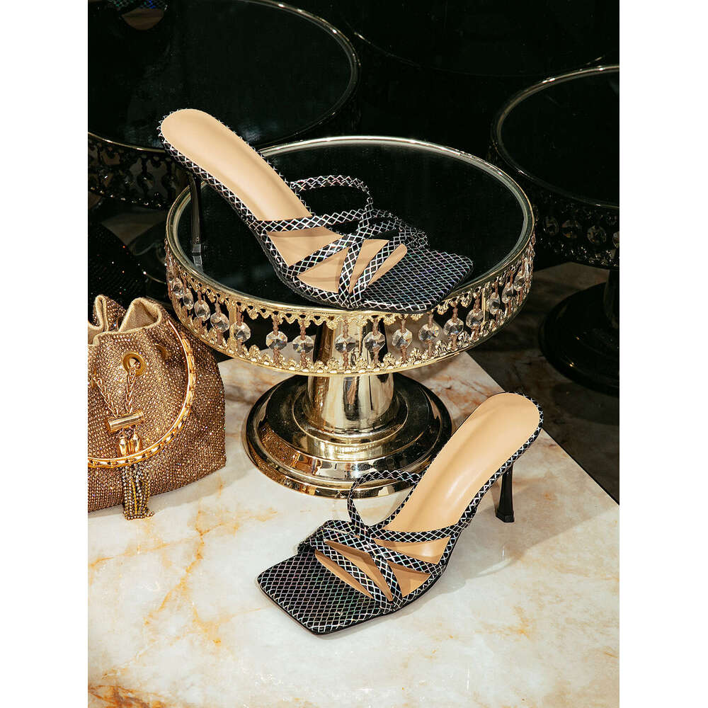 Design Shoe Largr Size 42 black grid Retro Shoes Wrap Strap Slip-On Sandals Women's Fashion Sexy Stiletto High Heels