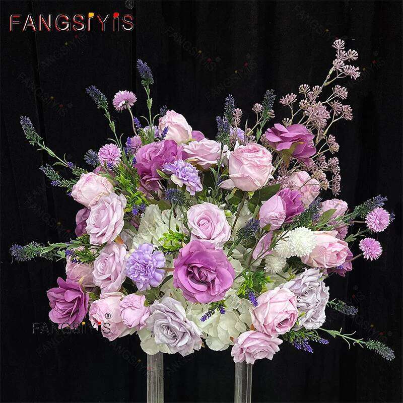 Purple Rose Artificial Flower Row runner NEW Luxury Wedding Table Centerpiece flower ball wreath Backdrop Decor Party Stage prop W260130
