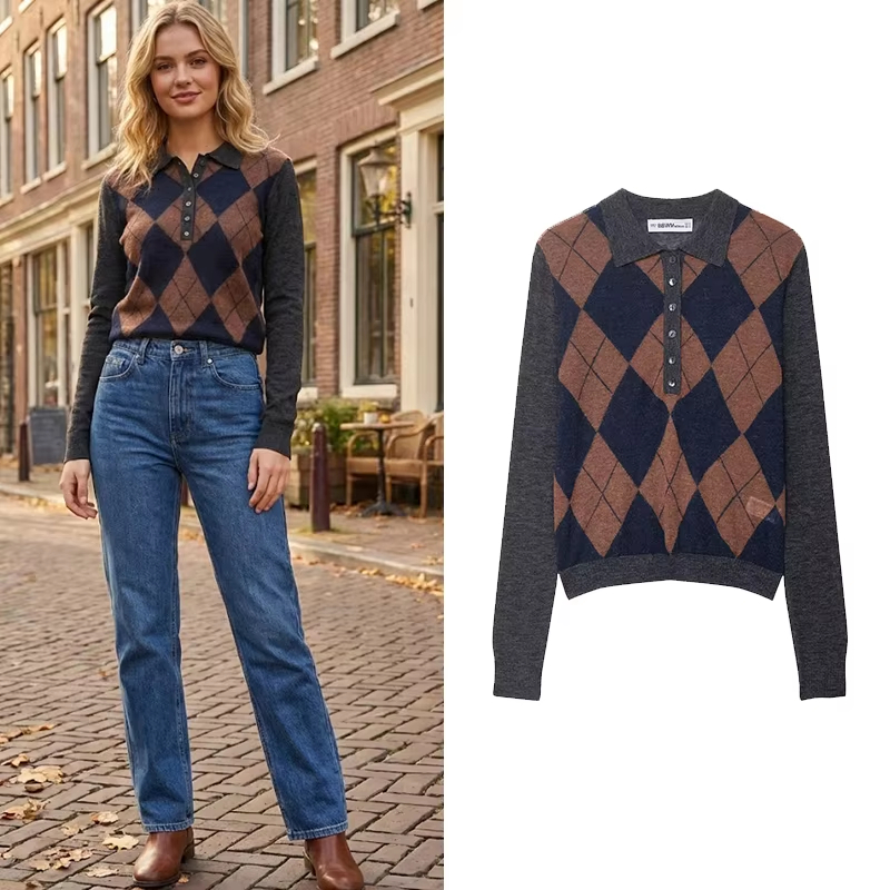 Argyle Plaid Front Button Knitted Pullover Sweater Vintage Lapel Neck Long Sleeves Female Chic Lady Tops