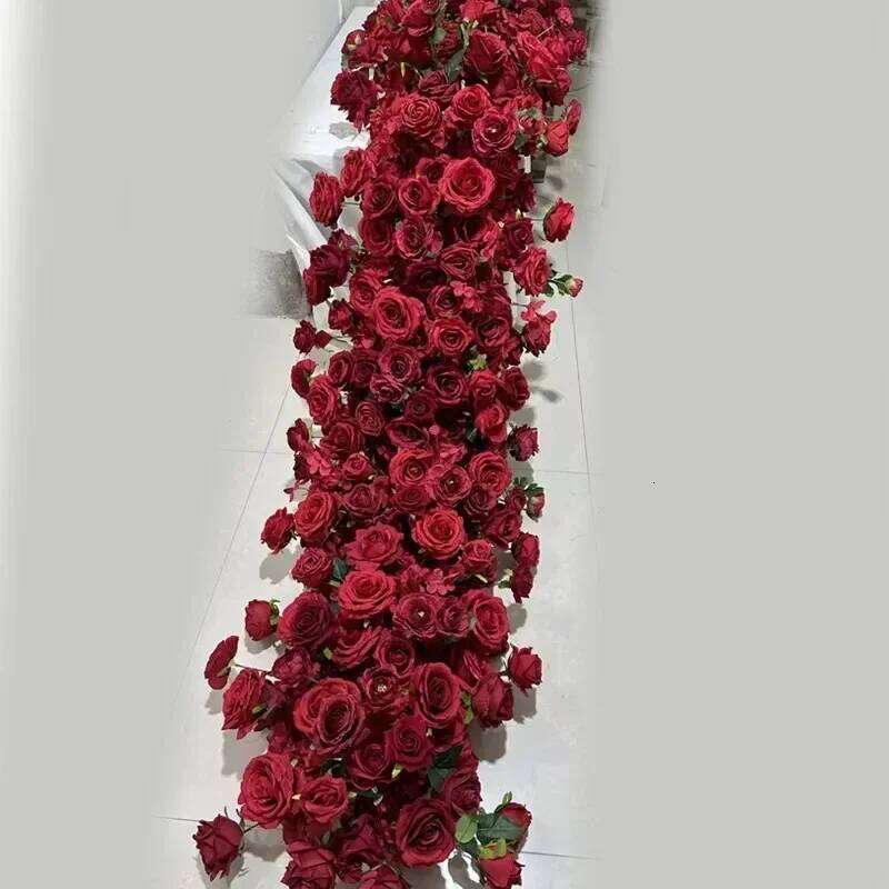 200/100cm Luxury White Rose Artificial Flower Row Wedding Table Centerpiece Flowers Backdrop Wall Arches Decor Party Stage Flora Y260130