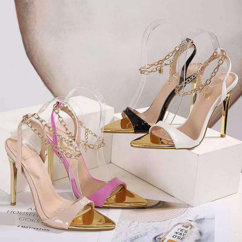 European 2026 Cross Border Trade New Metal Chain Fashion Sexy High Heel Pointed Toe Stiletto Sandals Roman Women S Shoes Women Shoes