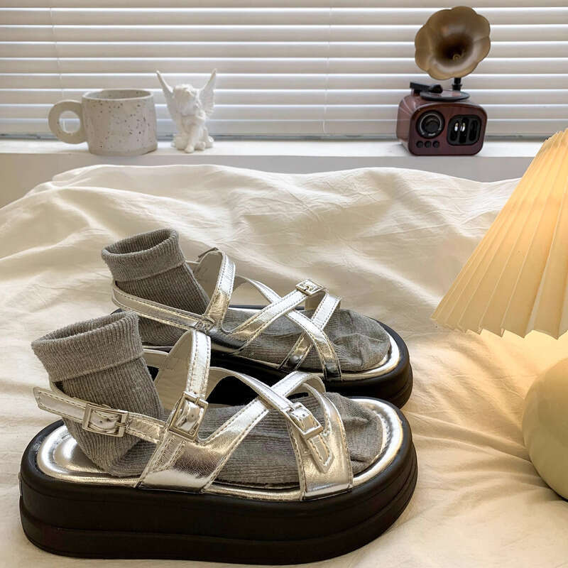 Free shipping Style Versatile Non-Slip Beach Roman for Women 2026 without box Summer New Silver Niche Platform Thick Sole Open-Toe Sandals