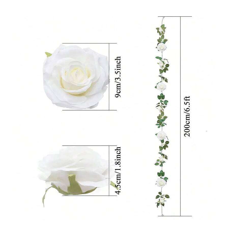 1pc 200cm/6.5ft Artificial White Rose Vines Floral Garlands Total, Fake Vine Silk Flower Garland for Indoor, Outdoor Home Wedding Y260130