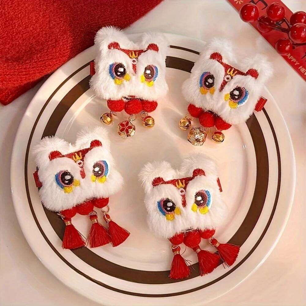 2 Pcs Chinese Style Lion Dance Hair Clips,Plush Animal Tassel Design,New Year Accessories and Gift Sets,Lion Dance,Hair Clips