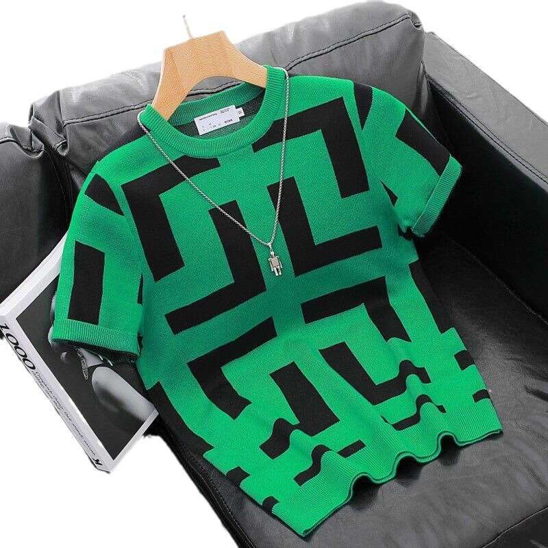 Men's Pullover Short Sweater Autumn Winter New Thickened Round Neck Sleeve Knitted Striped Jacquard Top