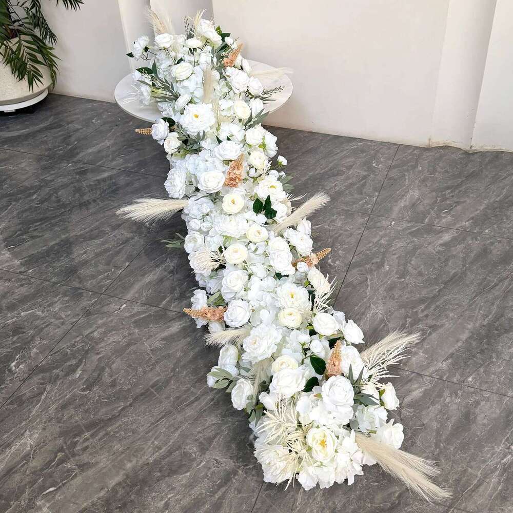 Uflower 100/200cm White Rose Green Leaf Artificial Long Runner Row Flower Wall Wedding Backdrop Decor Event Party Props W260130