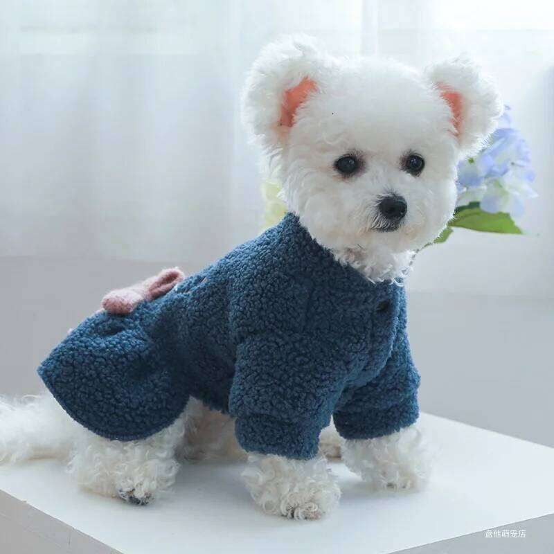 1PC Pet Apparel Cat Dog Autumn Winter Plush Thickened Warm Blue Bow Princess Dress Suitable for Small and Medium sized Dogs H260129