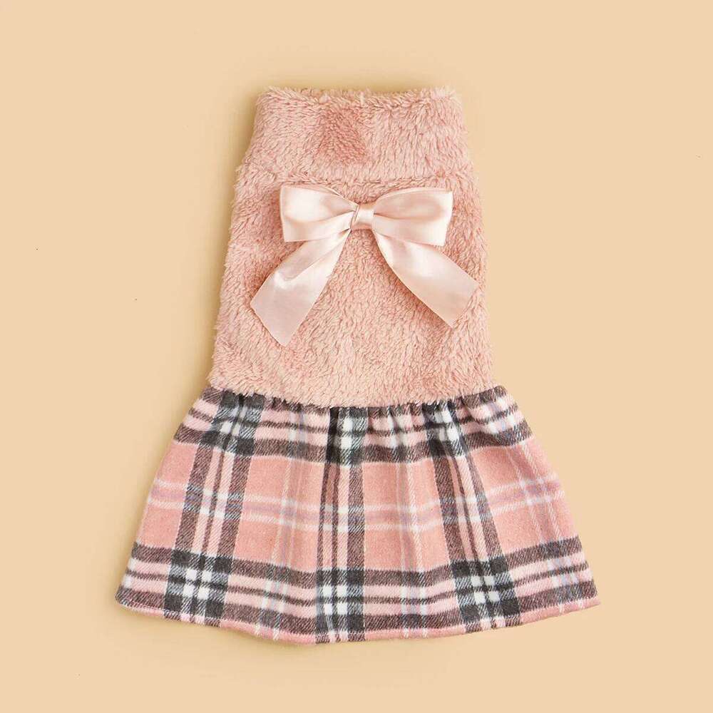 Dog Dress Small Warm Costume Plaid Printed Puppy with Doggie Pet Clothes Bowknot Apparel for Dogs Cats Daily Wear H260129