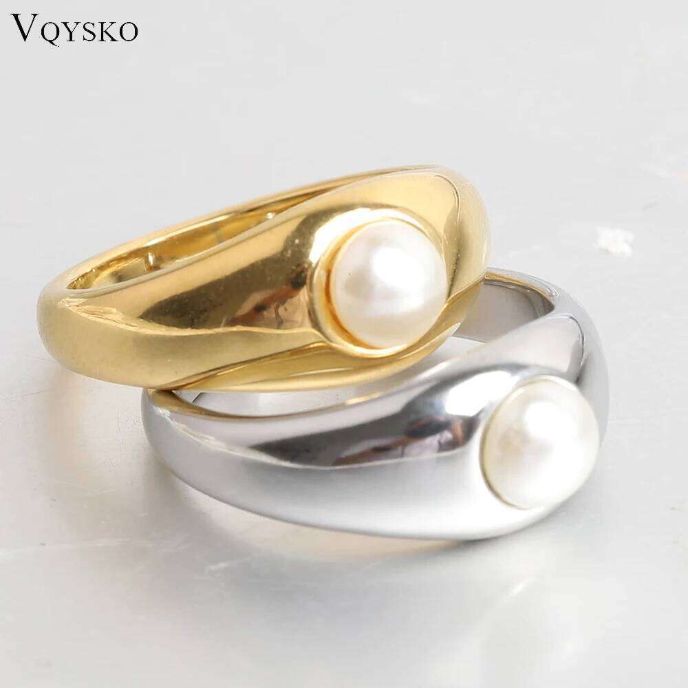 VQYSKO Chic Single Pearl Chunky Stacking Finger Ring Simple Minimalist Couple Anniversary Jewelry XJ260130