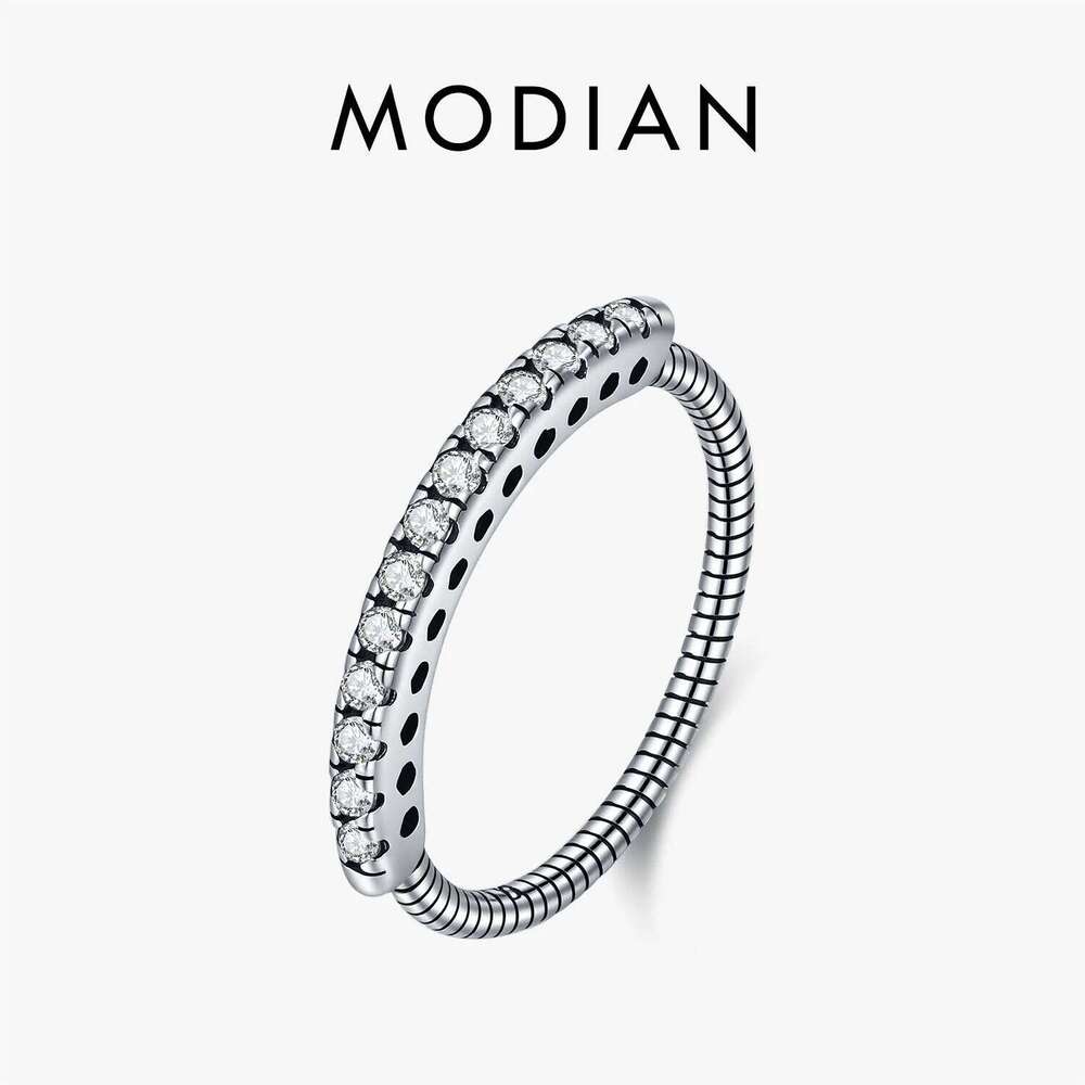 MODIAN 925 Sterling Silver Sparkling Round Clear Cubic Zirconia Retro Stacking Rings For Women Fine Jewelry XJ260130