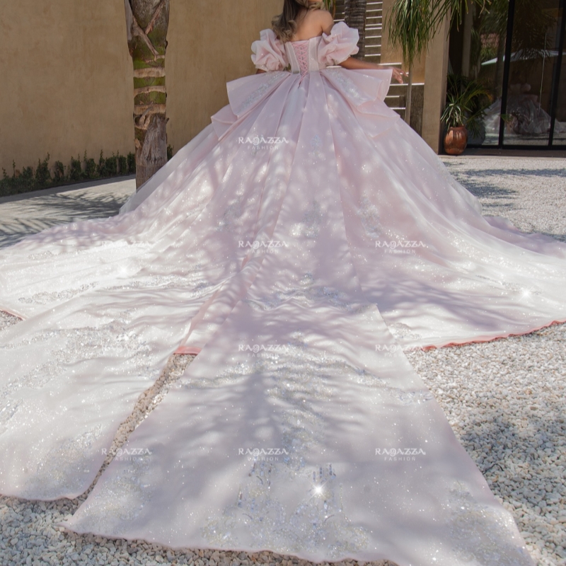 Pink Shiny Princess Sweet 16 Dress Quinceanera Dresses Sequin Applique Flower Beading Crystal Corset Tull Long Sleeves Party Birthday Vestidos 15 De A