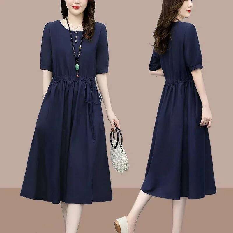 Summer Solid O Neck Pocket Drawstring Midi Dress Women Fashion 2022 Korean Elegant Cotton Linen Casual Loose Comfortable Dresses XJ260130