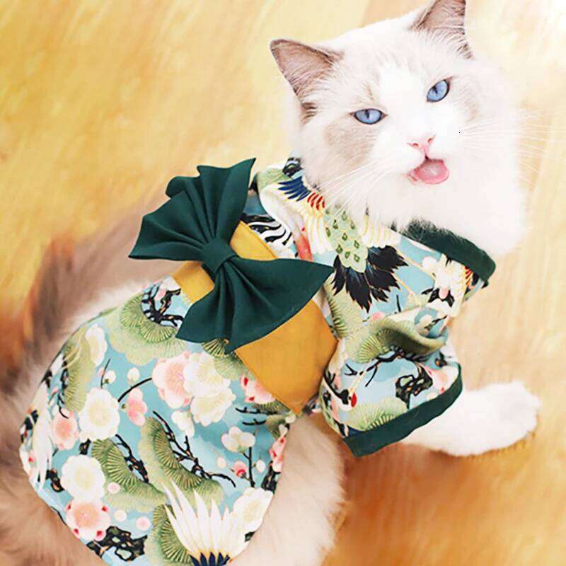 Cat Japanese Kimono Cosplay Coat Crane Cherry Blossom Pattern Jacket Girl Dog Dresses Chihuahua Pet Clothes H260129