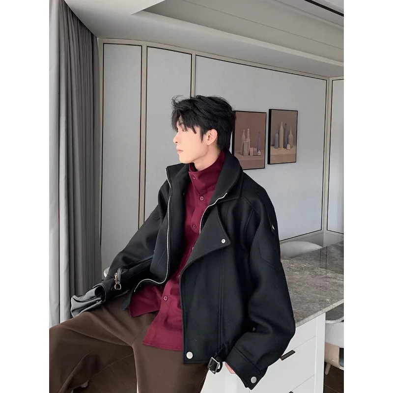 Autumn Winter Short Woolen Coats Men Cotton Clips Fake Two Pieces Stand Collar Simple Parkas Irregular n Thickening Jackets 260122