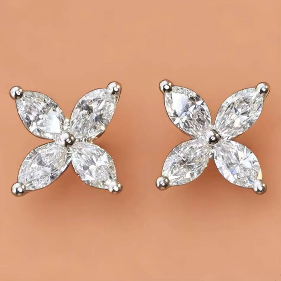Classic Huacan Luxury 18K Gold Marquise Cut Lab Diamond Clover Flower Stud Earrings Trendy Designer Daily Wear