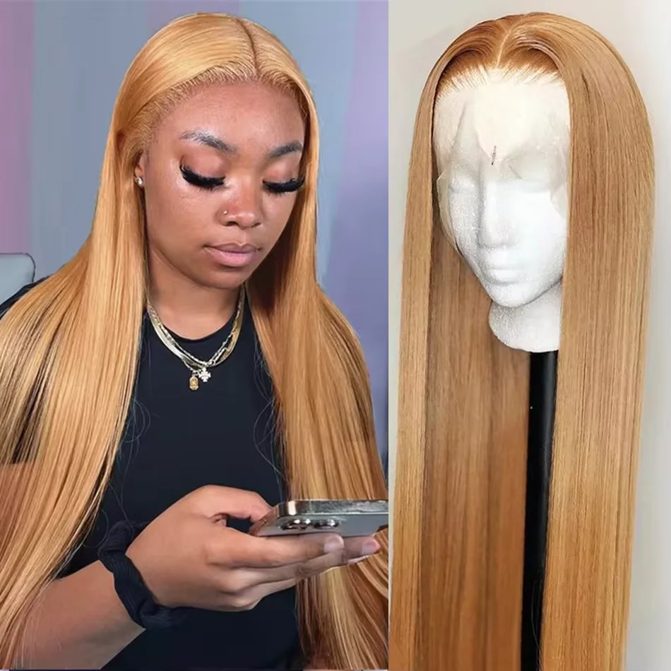 Honey Blonde HD Transparent Lace Front Wigs Human Hair #27 Colored Brazilian Bone Straight Lace Frontal Human Hair Wigs