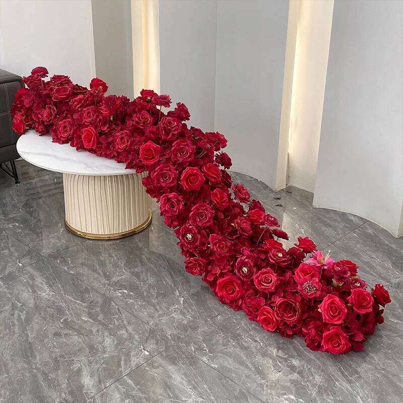 Red Rose Flower Row Arrangement Decor Luxurious Wedding Backdrop Arch Frame Curtain Floral Table Sofa Runner Banquet Event Props W260130