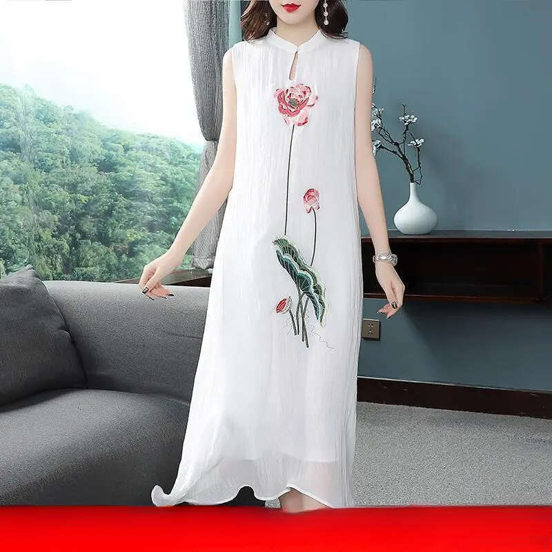 1Pcs/Lot Chinese Style Woman Embroidered Cheongsam Sleeveless Vest Chiffon Woman Dress Print Dress