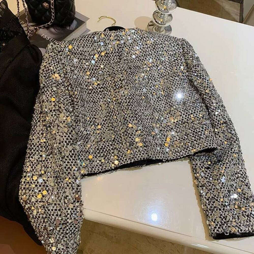 ZHE HAN Elegant Sequins Tweed Women Jackets Spring New Long Sleeve Casual Female Coat Y2k Korean Chic All Match Dance Party Lady Outwear