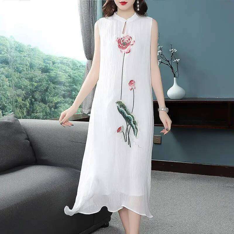 1Pcs/Lot Chinese Style Woman Embroidered Cheongsam Sleeveless Vest Chiffon Woman Dress Print Dress