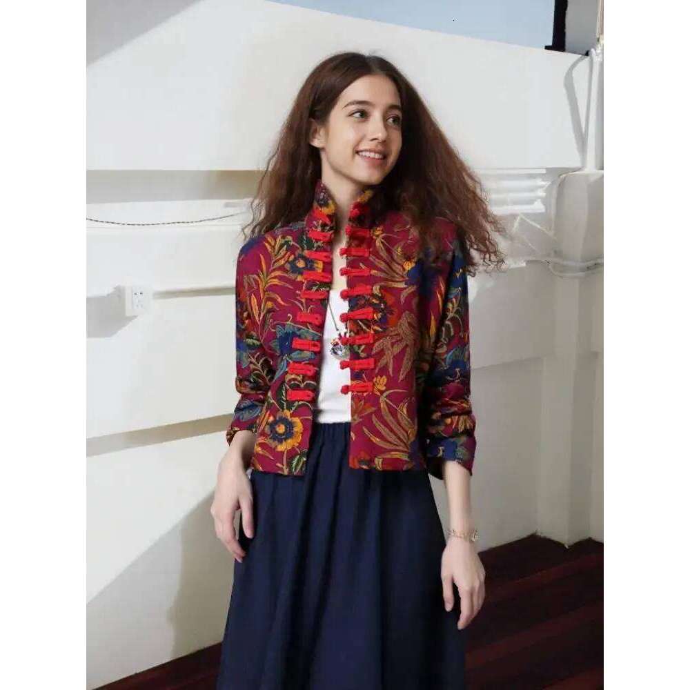 Mardi Hefxessdr Vintage Chinese Tang Dynasty Women Long Sleeve Jacket Republic Of China Autumn Cotton Hemp Button Mandarin Collar Qipao Coat