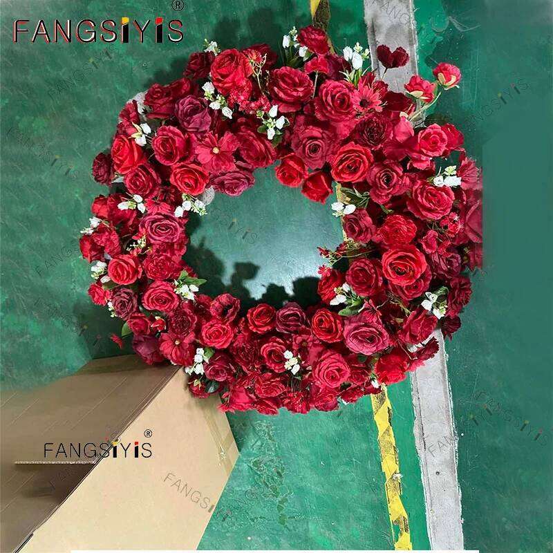 Red Wedding Backdrop Decor Floor Flower Row Runner Event Table Centerpieces Ball White Rose Floral Strip Arrangement Party Props W260130