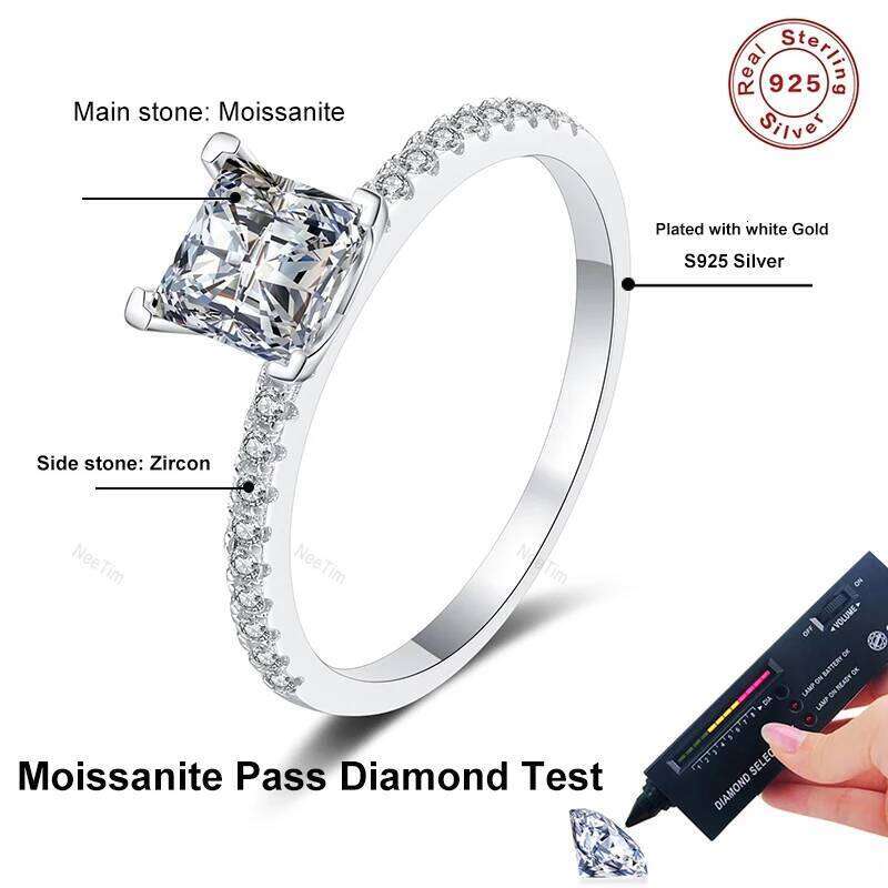 NeeTim 1ct 2ct Princess Moissanite Engagement Ring for Women D VVS1 Diamond Proposal Bridal Rings Sterling Silver Wedding Band XJ260130