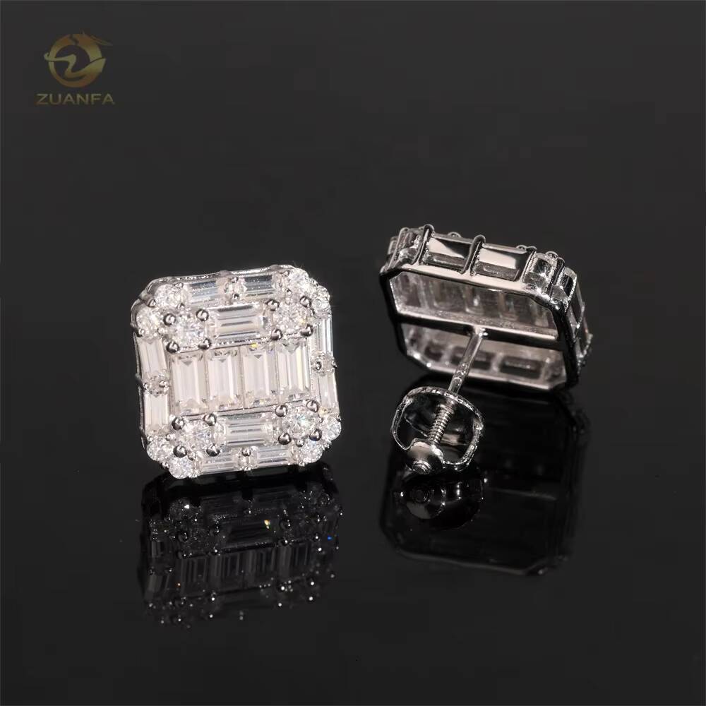 Luxury Baguette Diamond Iced Out Jewelry Gold Plated Hip Hop Moissanite 925 Silver Stud Earrings